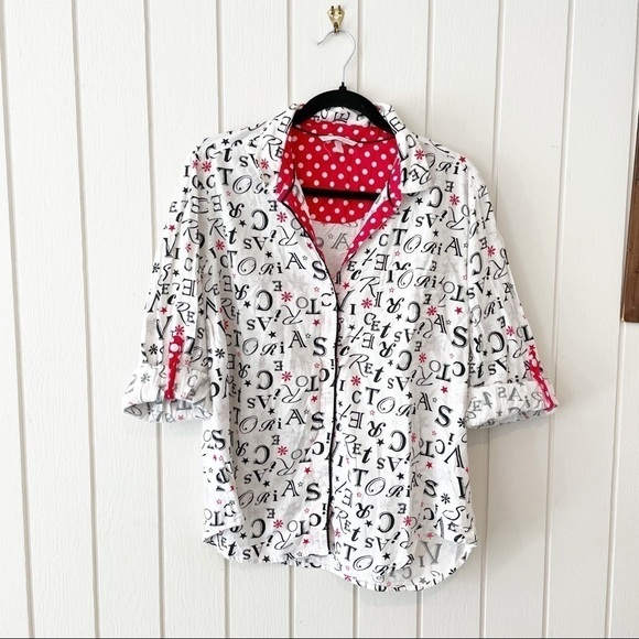 Victoria's Secret White, Black, and Red Snowflake Flannel Pajama Shirt - Picture 8 of 9